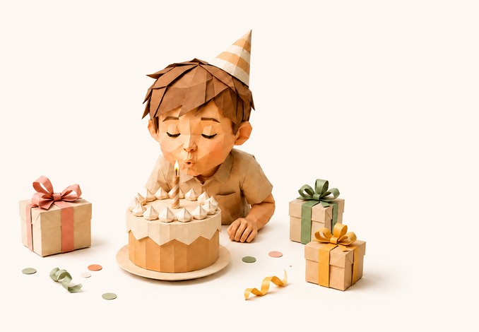 Criança soprando velinha de aniversário em bolo de festa, cercada de presentes, ilustração estilo papercraft