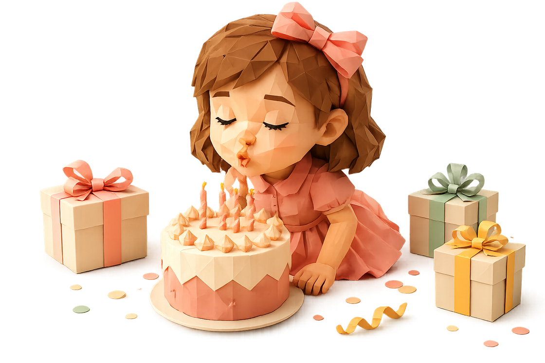 Menina soprando velinhas do bolo de aniversário, com presentes ao lado